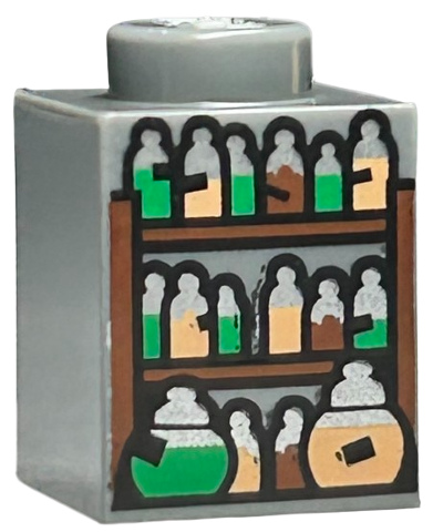Brick 1 x 1 with Shelves and Potion Bottles with Black Labels, Silver Tops, and Green, Nougat, and Reddish Brown Contents Pattern
