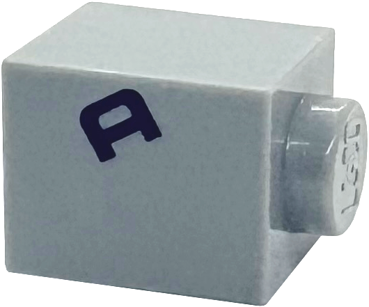 Brick 1 x 1 with Angled Off-Center Dark Blue Capital Letter A Pattern