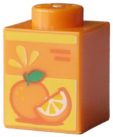 Brick 1 x 1 with Bar, Red Lines, Fruit Slice and Orange with Green Leaf on Yellow Background Pattern (Juice Carton)