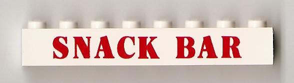 Brick 1 x 8 with Red 'SNACK BAR' Pattern - Surface Print