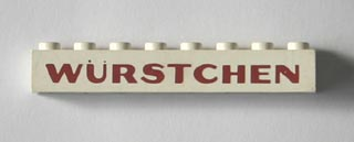 Brick 1 x 8 with Red 'WÜRSTCHEN' Thick Pattern ('WURSTCHEN')