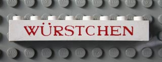 Brick 1 x 8 with Red 'WÜRSTCHEN' Thin Pattern ('WURSTCHEN')