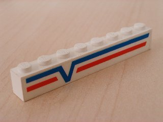 Brick 1 x 8 with Blue -V- and Red Lines Left Pattern (Sticker) - Set 6346