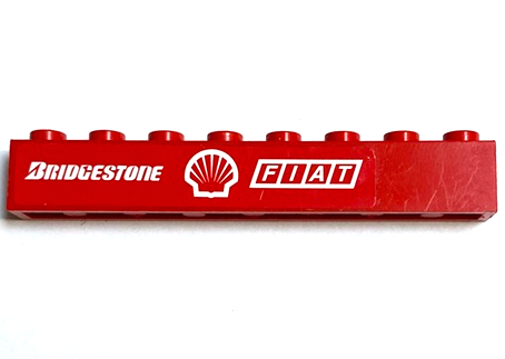 Brick 1 x 8 with White 'BRIDGESTONE', Shell Logo and 'FIAT' on Red Background Pattern (Sticker) - Set 8654