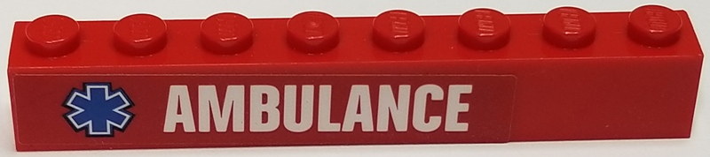 Brick 1 x 8 with White 'AMBULANCE' and Blue Star Of Life Pattern Model Left Side (Sticker) - Set 60116