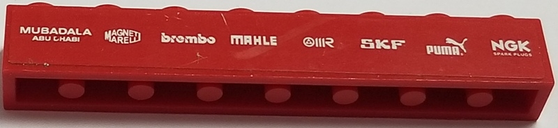 Brick 1 x 8 with 'MUBADALA ABU DHABI', 'MAGNETI MARELLI', 'brembo', 'MAHLE', 'IIR', 'SKF', 'PUMA', 'NGK SPARK PLUGS' Pattern (Sticker) - Set 8185