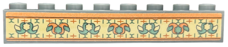 Brick 1 x 8 with Wallpaper, Orange and Sand Green Floral Shapes and Ornamental Geometric Border on Tan Background Pattern (Sticker) - Set 40579