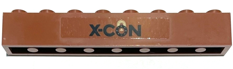 Brick 1 x 8 with Dark Blue 'X-CON' and Gold Circle Pattern (Sticker) - Set 76192