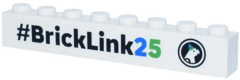 Brick 1 x 8 with Black, Blue and Bright Green '#BrickLink25' and BrickLink 25th Anniversary Parrot Logo Pattern