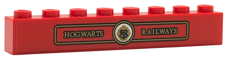 Brick 1 x 8 with Gold 'HOGWARTS RAILWAYS', Border and Hogwarts Crest / Logo in White Circle Pattern (Sticker) - Set 76450