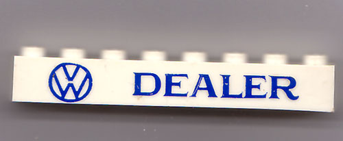 Brick 1 x 8 with Blue 'VW DEALER' Pattern
