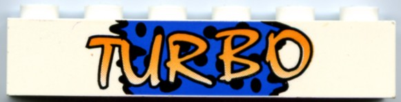 Brick 1 x 6 with Yellow 'TURBO' on Blue Background and Black Spots Pattern
