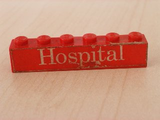 Brick 1 x 6 with White 'Hospital' Text on Red Background Pattern (Sticker) - Sets 363-1 / 555-1