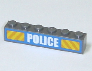 Brick 1 x 6 with White 'POLICE' Bold Narrow Font and Yellow Diagonal Stripes on Blue Pattern (Sticker) - Set 7743