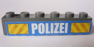 Brick 1 x 6 with White 'POLIZEI' Bold Narrow Font and Yellow Diagonal Stripes on Blue Pattern (Sticker) - Set 7743