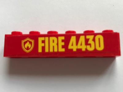 Brick 1 x 6 with Yellow Fire Logo Badge and 'FIRE 4430' Pattern (Sticker) - Set 4430