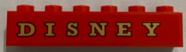 Brick 1 x 6 with Gold 'DISNEY' on Red Background Pattern (Sticker) - Set 71044