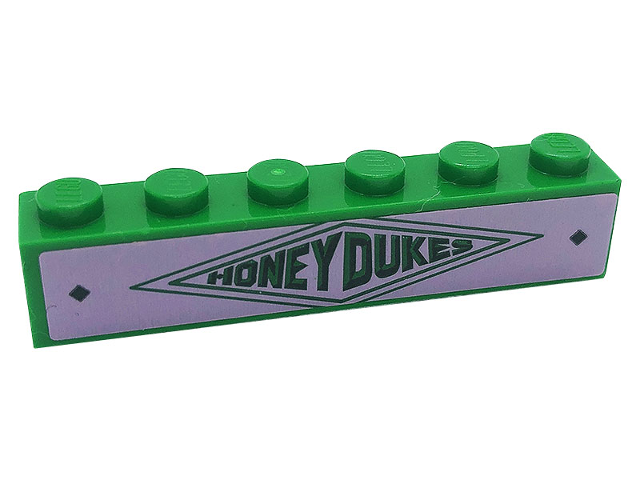 Brick 1 x 6 with Dark Green 'HONEYDUKES' and Diamonds on Bright Pink Background Pattern (Sticker) - Set 76388