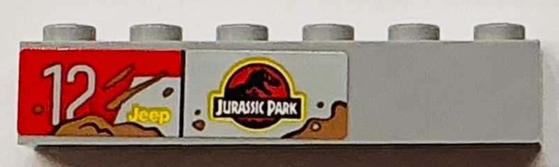 Brick 1 x 6 with Jurassic Park and Jeep Logos, Medium Nougat Mud and '12' on Red Background Pattern Model Left Side (Sticker) - Set 76958