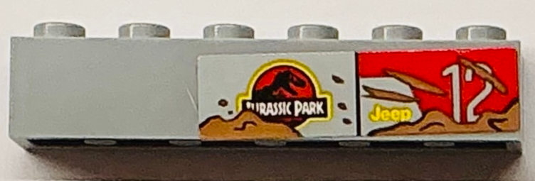 Brick 1 x 6 with Jurassic Park and Jeep Logos, Medium Nougat Mud and '12' on Red Background Pattern Model Right Side (Sticker) - Set 76958