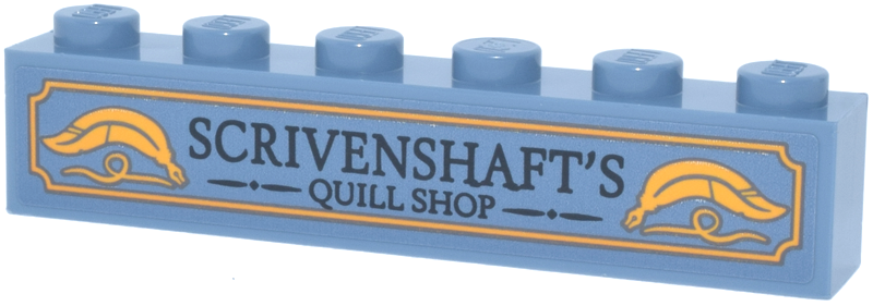 Brick 1 x 6 with Bright Light Orange Sign and Feathers and Black 'SCRIVENSHAFT'S QUILL SHOP' Pattern (Sticker) - Set 76457