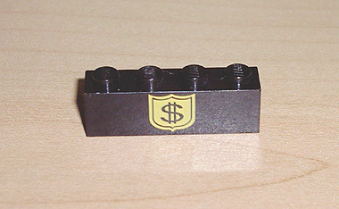 Brick 1 x 4 with Black Dollar Sign on Yellow Badge Pattern