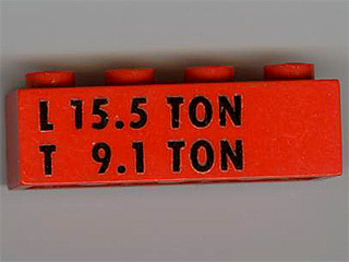 Brick 1 x 4 with Black 'L 15.5 TON' and 'T 9.1 TON' Pattern