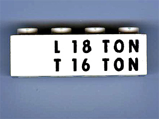 Brick 1 x 4 with Black 'L 18 TON' and 'T 16 TON' Pattern