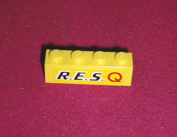 Brick 1 x 4 with Black 'R.E.S.' and Red 'Q' on Yellow Background Pattern (Sticker) - Set 6479