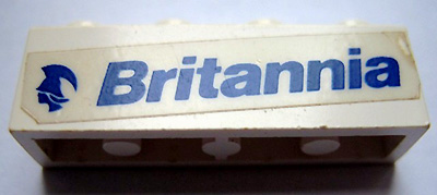 Brick 1 x 4 with Blue 'Britannia' and Logo Pattern Model Left Side (Sticker) - Set 1599