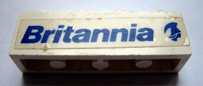 Brick 1 x 4 with Blue 'Britannia' and Logo Pattern Model Right Side (Sticker) - Set 1599