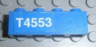 Brick 1 x 4 with White 'T4553' Left Pattern (Sticker) - Set 4553