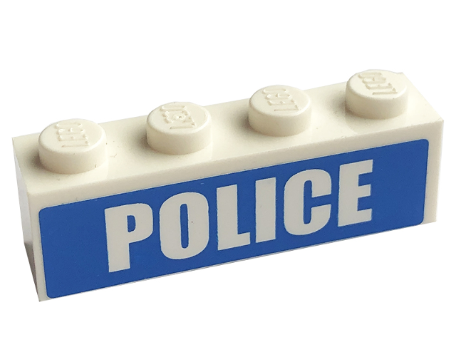 Brick 1 x 4 with White 'POLICE' Bold Font on Blue Background Pattern (Sticker) - Sets 7498 / 7743