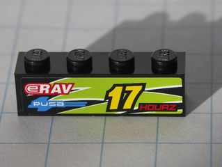 Brick 1 x 4 with Yellow '17' and Red 'HOURZ' and 'eRAV' and 'RUSA' and Black and Lime Flames Pattern Model Left side (Sticker) - Set 8119