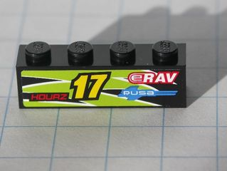 Brick 1 x 4 with Yellow '17' and Red 'HOURZ' and 'eRAV' and 'RUSA' and Black and Lime Flames Pattern Model Right side (Sticker) - Set 8119