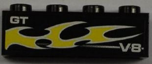 Brick 1 x 4 with 'GT', 'V8' and Yellow Flame Pattern Model Left Side (Sticker) - Set 8186