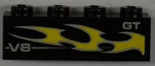 Brick 1 x 4 with 'V8', 'GT' and Yellow Flame Pattern Model Right Side (Sticker) - Set 8186