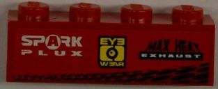 Brick 1 x 4 with 'SPARK PLUX' and 'EYE WEAR' and 'MAX HEAT EXHAUST' and Tire Tracks Pattern (Sticker) - Set 8186