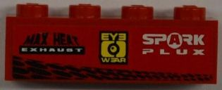 Brick 1 x 4 with 'MAX HEAT EXHAUST' and 'EYE WEAR' and 'SPARK PLUX' and Tire Tracks Pattern (Sticker) - Set 8186