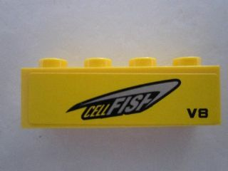 Brick 1 x 4 with 'CELLFISH' and 'V8' on Yellow Background Pattern Model Left Side (Sticker) - Set 8495