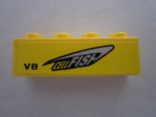 Brick 1 x 4 with 'CELLFISH' and 'V8' on Yellow Background Pattern Model Right Side (Sticker) - Set 8495