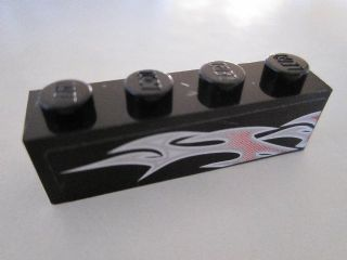 Brick 1 x 4 with Silver and Pink Flames on Black Background Pattern Model Right Side (Sticker) - Set 8495