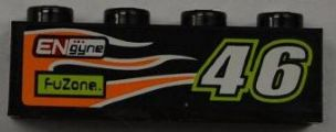 Brick 1 x 4 with 'ENgyne', 'FUZONE', Number '46' and Orange Flame Pattern Model Left Side (Sticker) - Set 8125