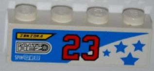 Brick 1 x 4 with 'ZENZORA', 'NUTY REZ', 'SPIN WEAR', Number '23' and Blue Stars Pattern Model Left Side (Sticker) - Set 8125
