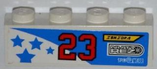 Brick 1 x 4 with Blue Stars, Number '23', 'ZENZORA', 'NUTY REZ' and 'SPIN WEAR' Pattern Model Right Side (Sticker) - Set 8125