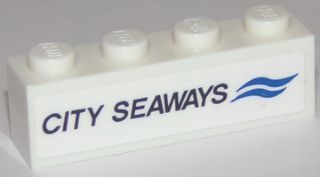 Brick 1 x 4 with Black 'CITY SEAWAYS' and Two Blue Tildes Pattern (Sticker) - Set 60119
