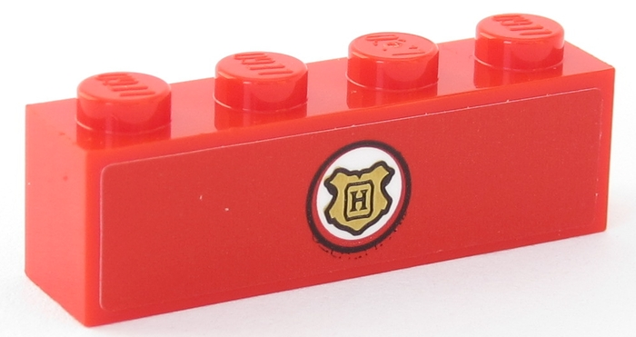 Brick 1 x 4 with Gold Hogwarts Logo in White Circle on Red Background Pattern (Sticker) - Set 75955