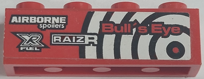 Brick 1 x 4 with 'Bull's Eye', 'RAIZR', 'AIRBORNE spoilers' and 'XR FUEL' Pattern Model Left Side (Sticker) - Set 8182