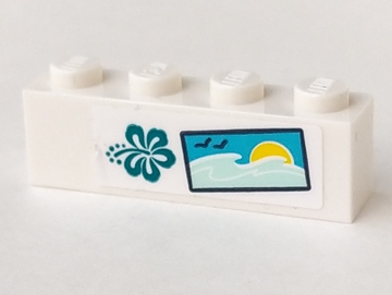 Brick 1 x 4 with Dark Turquoise Hibiscus Flower, 2 Birds, Water and Sun Pattern (Sticker) - Set 41364