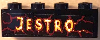Brick 1 x 4 with 'JESTRO' and Dark Red Lava Cracks Pattern (Sticker) - Set 70323